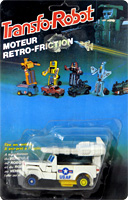 Jeep White with Blue and Yellow Rims Transfo-Robot Bootleg on Card